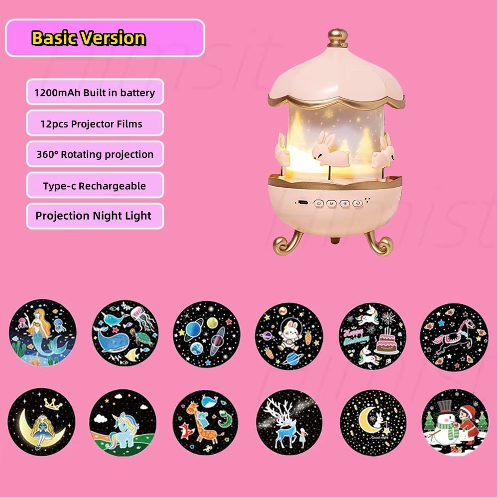 12 Films Projection Lamp with Rotating Music Box Creative Atmosphere Lamp Projector Kids Birthday Gifts Girl Room Nightlight