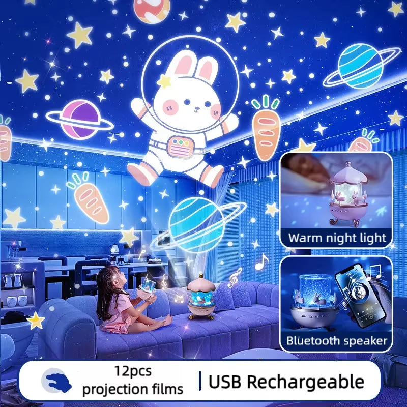 12 Films Projection Lamp with Rotating Music Box Creative Atmosphere Lamp Projector Kids Birthday Gifts Girl Room Nightlight