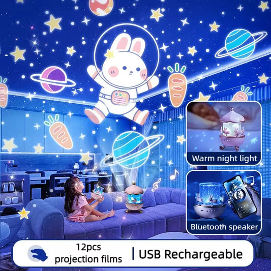 12 Films Projection Lamp with Rotating Music Box Creative Atmosphere Lamp Projector Kids Birthday Gifts Girl Room Nightlight